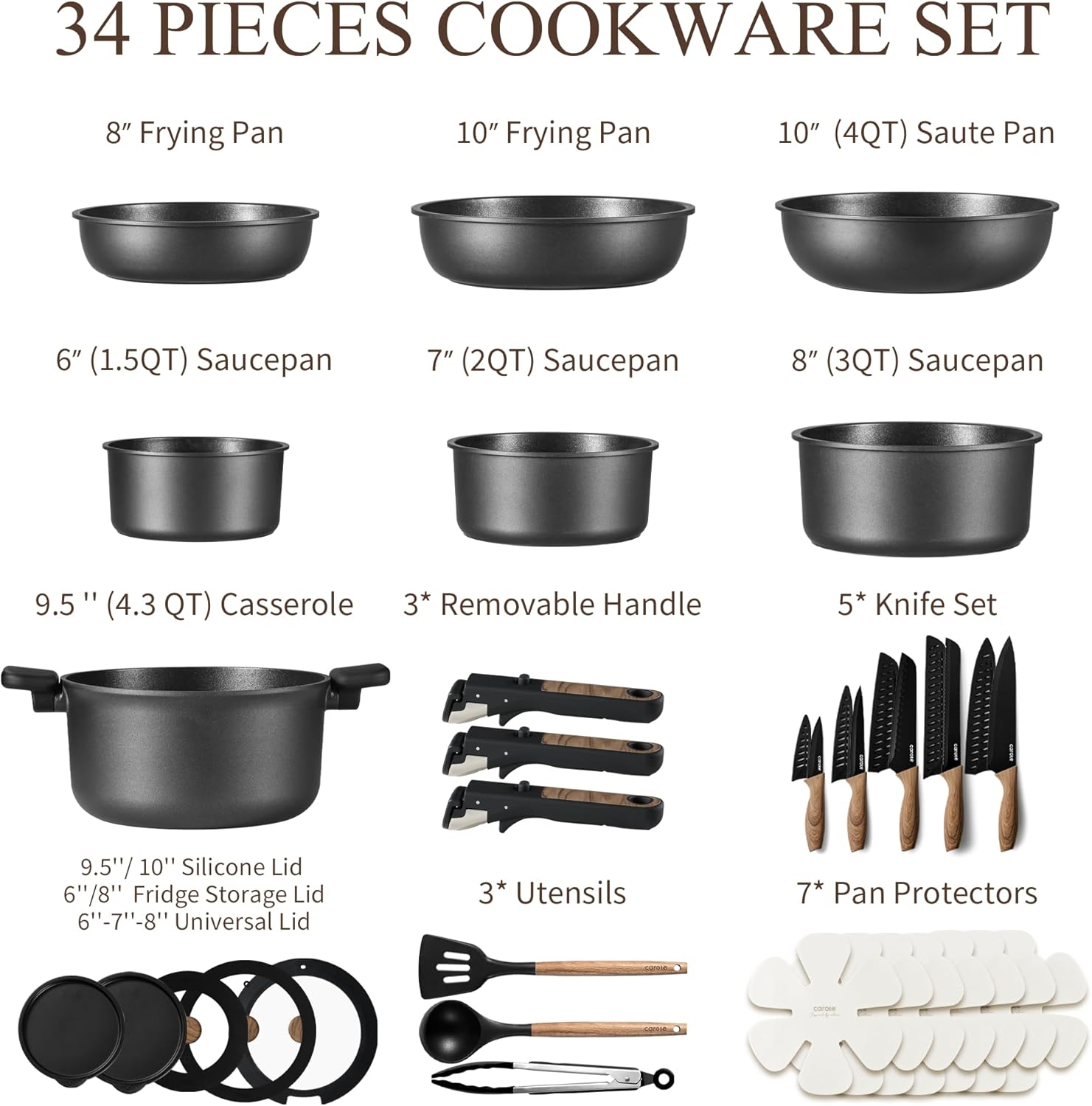 Dream Kitchen: 17pcs Pots and Pans Set, Nonstick Cookware Set Detachable Handle, Induction Kitchen Cookware Sets Non Stick with Removable Handle, RV Cookware Set, Oven Safe, Jet Black