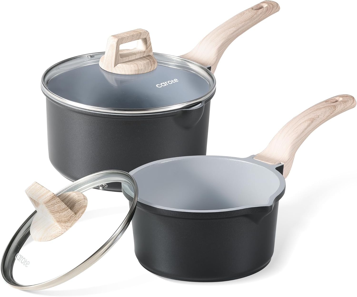 Dream Kitchen: Nonstick Sauce Pan with Lid 2.0Qt & 2.5Qt Sauce Pots with Steamer Basket/Utensil Sets, Titanium Induction Cooking Pot with Stay-Cool Handle, Black