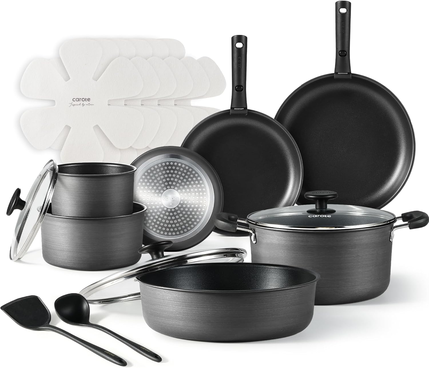 Dream Kitchen: 17pcs Pots and Pans Set, Nonstick Cookware Set Detachable Handle, Induction Kitchen Cookware Sets Non Stick with Removable Handle, RV Cookware Set, Oven Safe, Jet Black