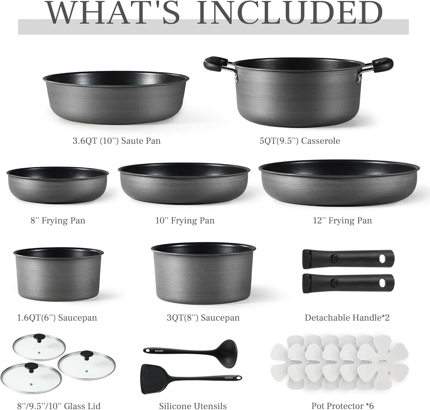 Dream Kitchen: 17pcs Pots and Pans Set, Nonstick Cookware Set Detachable Handle, Induction Kitchen Cookware Sets Non Stick with Removable Handle, RV Cookware Set, Oven Safe, Jet Black