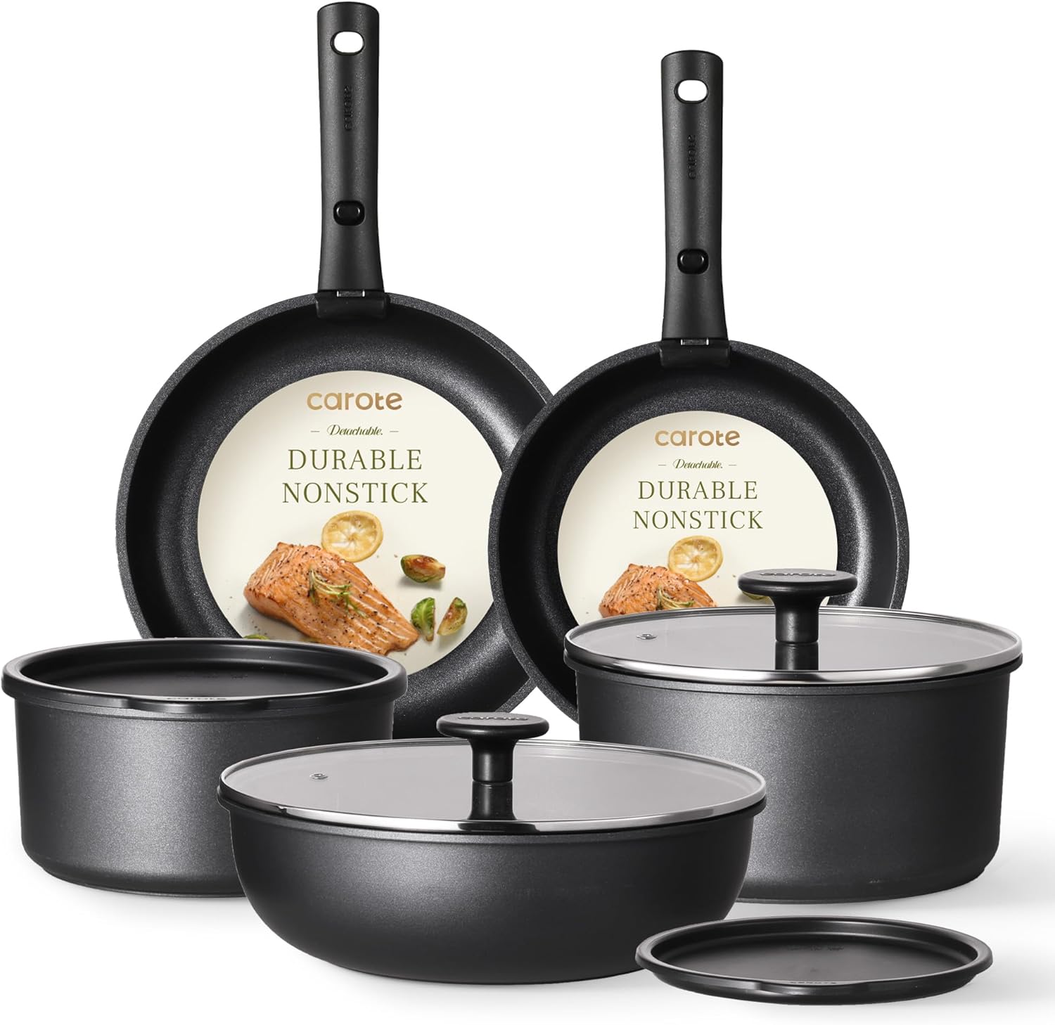 Dream Kitchen: Pots and Pans Set Non Stick, Cookware Set Detachable Handle, Nonstick Induction Kitchen Sets Non Stick with Removable Handle, RV Cook Ware, Oven Safe, Black