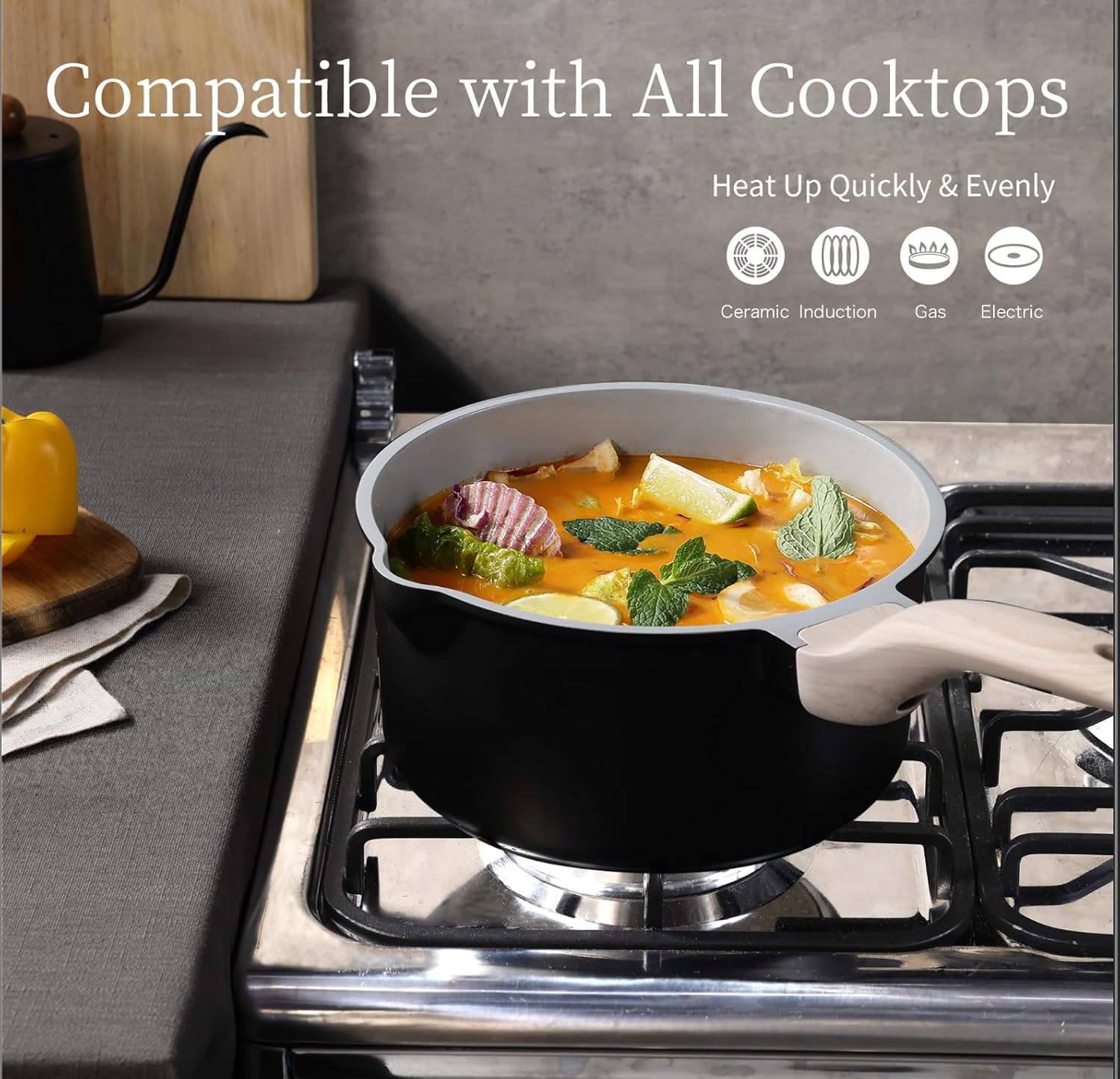 Dream Kitchen: Nonstick Sauce Pan with Lid 2.0Qt & 2.5Qt Sauce Pots with Steamer Basket/Utensil Sets, Titanium Induction Cooking Pot with Stay-Cool Handle, Black