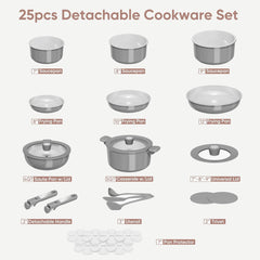 Dream Kitchen: 25pcs Ceramic Cookware Set, Pots and Pans Set Non Stick, Induction Kitchen Sets, Non Stick RV Cookware with Detachable Handle, Dishwasher/Oven Safe Cookware Set, Dark Gray