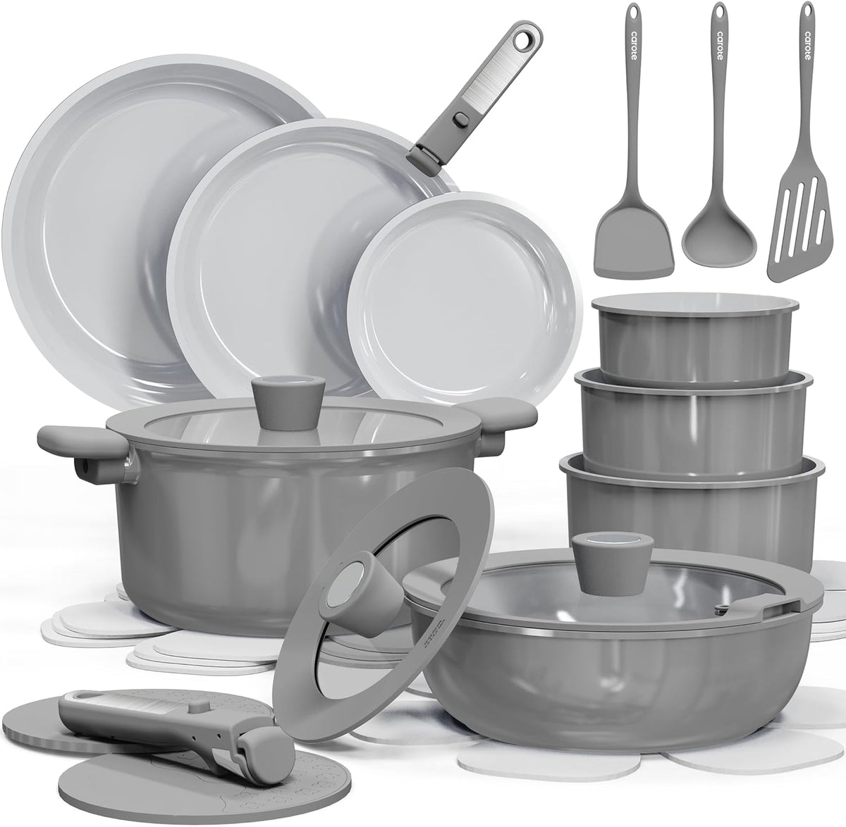 Dream Kitchen: 25pcs Ceramic Cookware Set, Pots and Pans Set Non Stick, Induction Kitchen Sets, Non Stick RV Cookware with Detachable Handle, Dishwasher/Oven Safe Cookware Set, Dark Gray