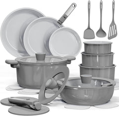 Dream Kitchen: 25pcs Ceramic Cookware Set, Pots and Pans Set Non Stick, Induction Kitchen Sets, Non Stick RV Cookware with Detachable Handle, Dishwasher/Oven Safe Cookware Set, Dark Gray