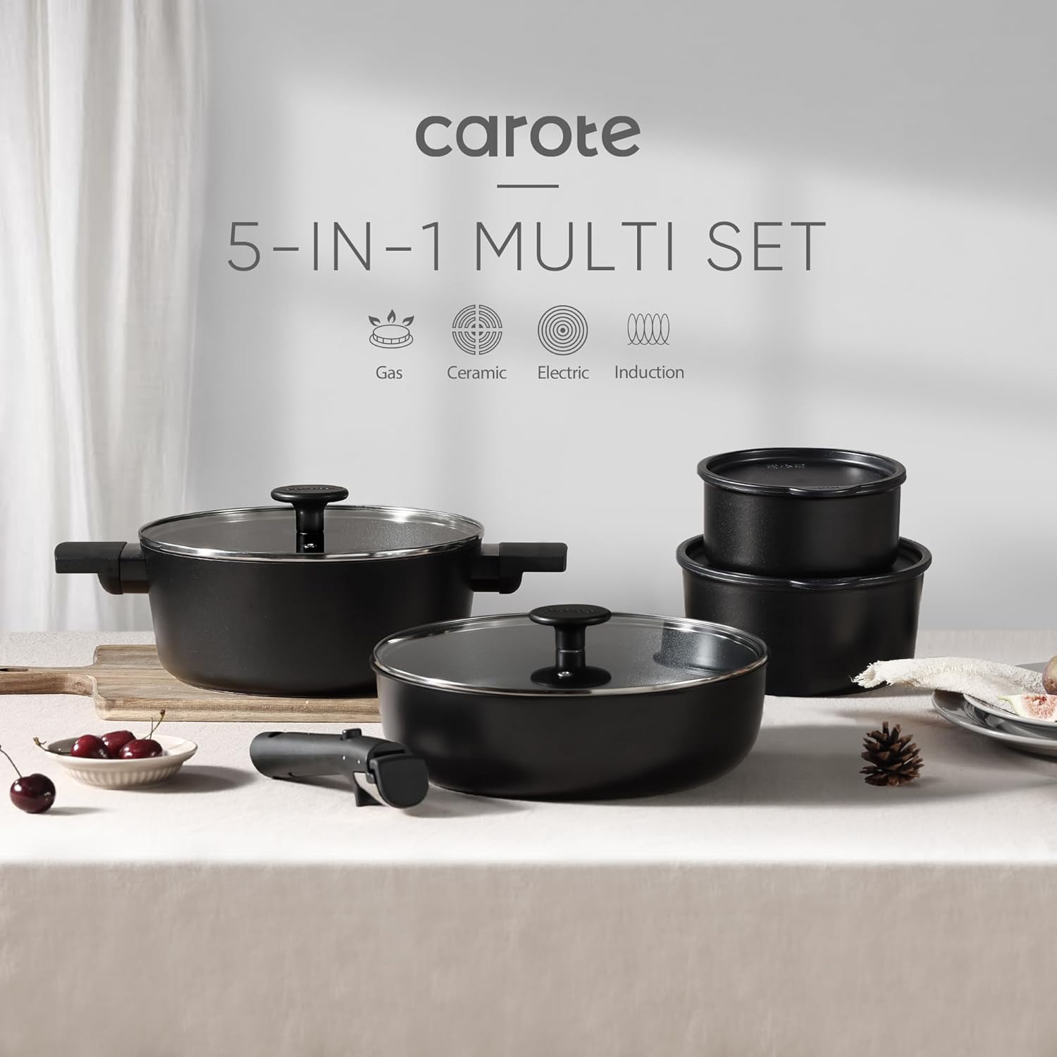 Dream Kitchen: Pots and Pans Set Non Stick, Cookware Set Detachable Handle, Nonstick Induction Kitchen Sets Non Stick with Removable Handle, RV Cook Ware, Oven Safe, Black