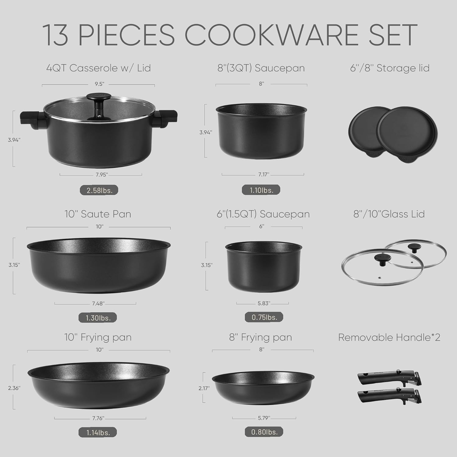 Dream Kitchen: Pots and Pans Set Non Stick, Cookware Set Detachable Handle, Nonstick Induction Kitchen Sets Non Stick with Removable Handle, RV Cook Ware, Oven Safe, Black