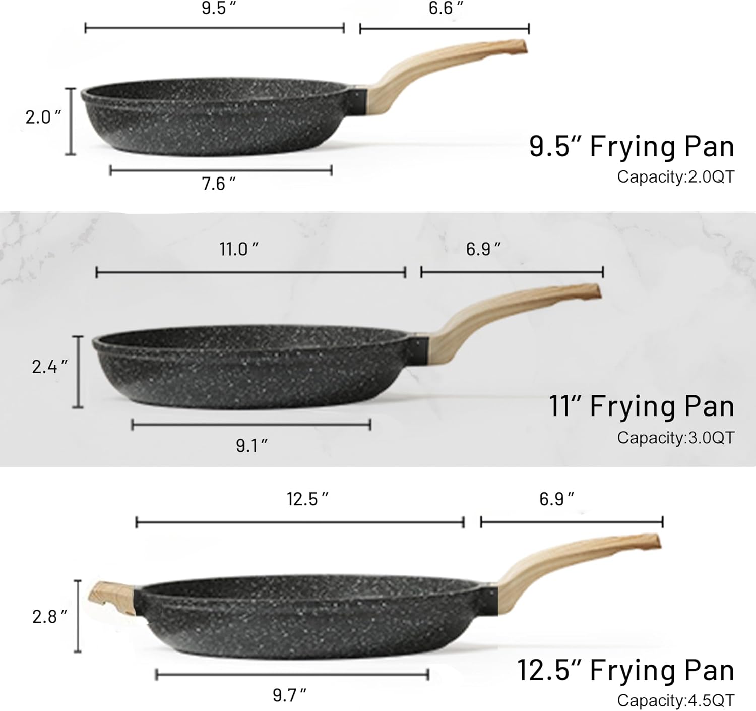 Dream Kitchen: Non Stick Frying Pans,Nonstick Granite Fry Pan Egg Pan Omelet Pans, Stone Cookware Chef's Pan, PFOA Free,(Black Granite, 9.5"+11"+12.5”)
