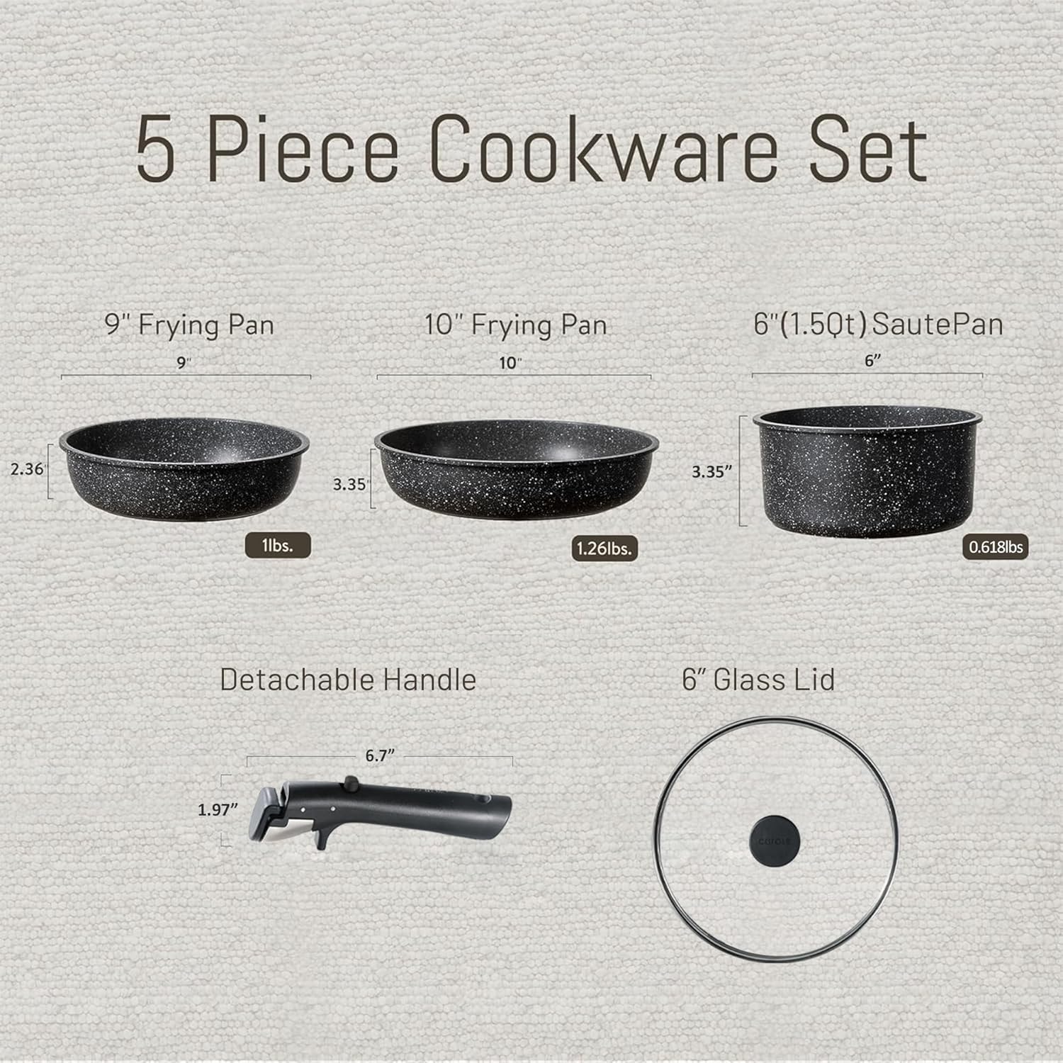 Dream Kitchen: Nonstick Cookware Sets, Non Stick Pots and Pans Set Detachable Handle, Kitchen Cookware Sets with Removable Handle, Stackable RV Cookware for Campers, Oven Safe, Midnight Black, 5pcs