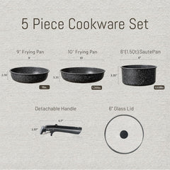 Dream Kitchen: Nonstick Cookware Sets, Non Stick Pots and Pans Set Detachable Handle, Kitchen Cookware Sets with Removable Handle, Stackable RV Cookware for Campers, Oven Safe, Midnight Black, 5pcs