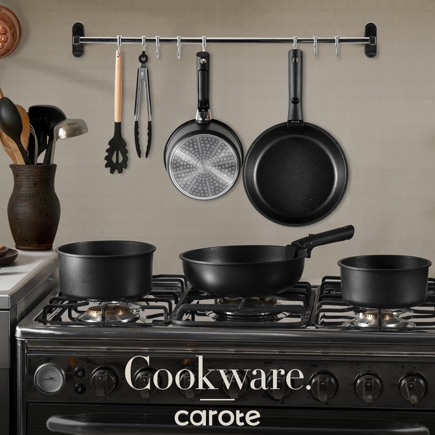 Dream Kitchen: Pots and Pans Set Non Stick, Cookware Set Detachable Handle, Nonstick Induction Kitchen Sets Non Stick with Removable Handle, RV Cook Ware, Oven Safe, Black