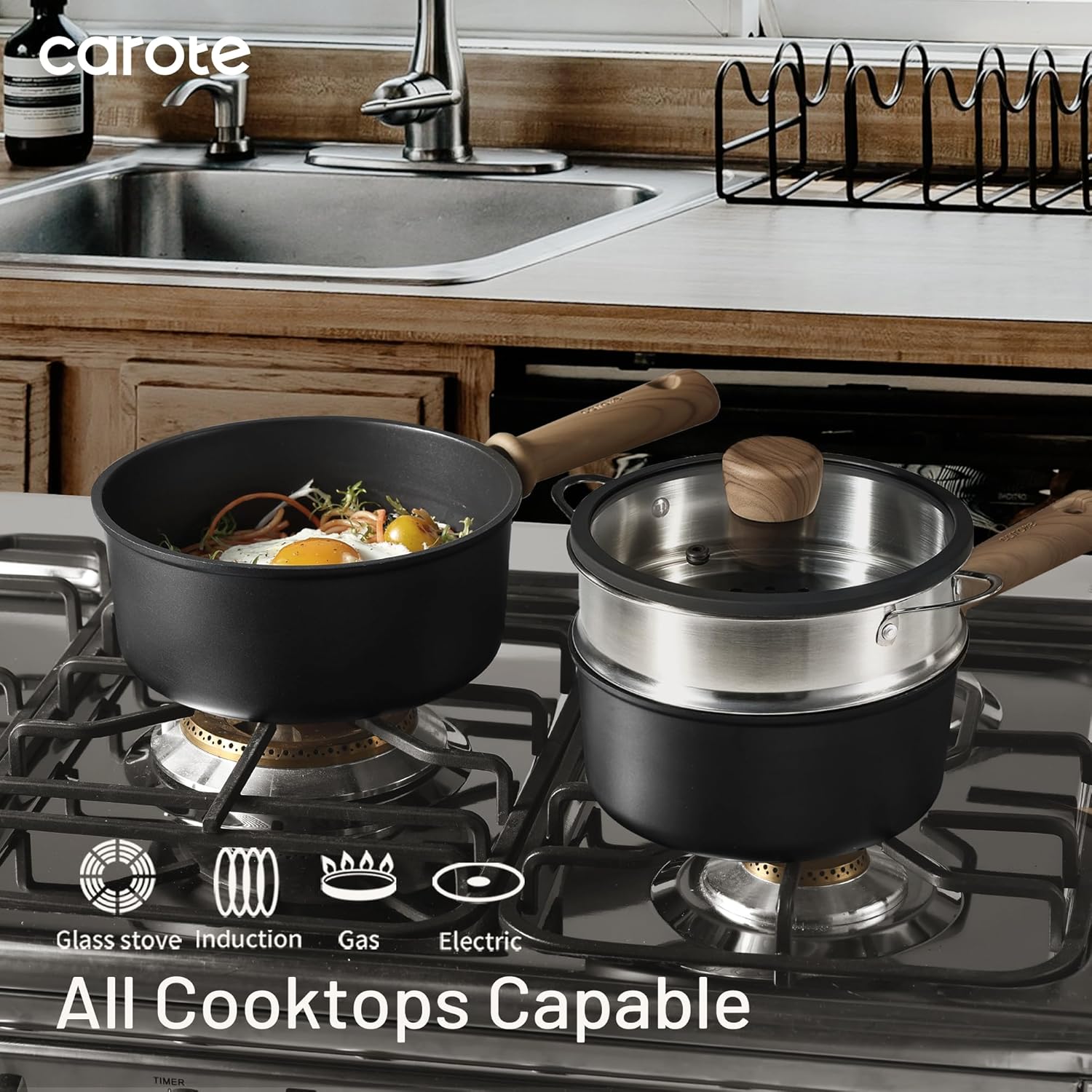Dream Kitchen: Nonstick Sauce Pan with Lid 2.0Qt & 2.5Qt Sauce Pots with Steamer Basket/Utensil Sets, Titanium Induction Cooking Pot with Stay-Cool Handle, Black