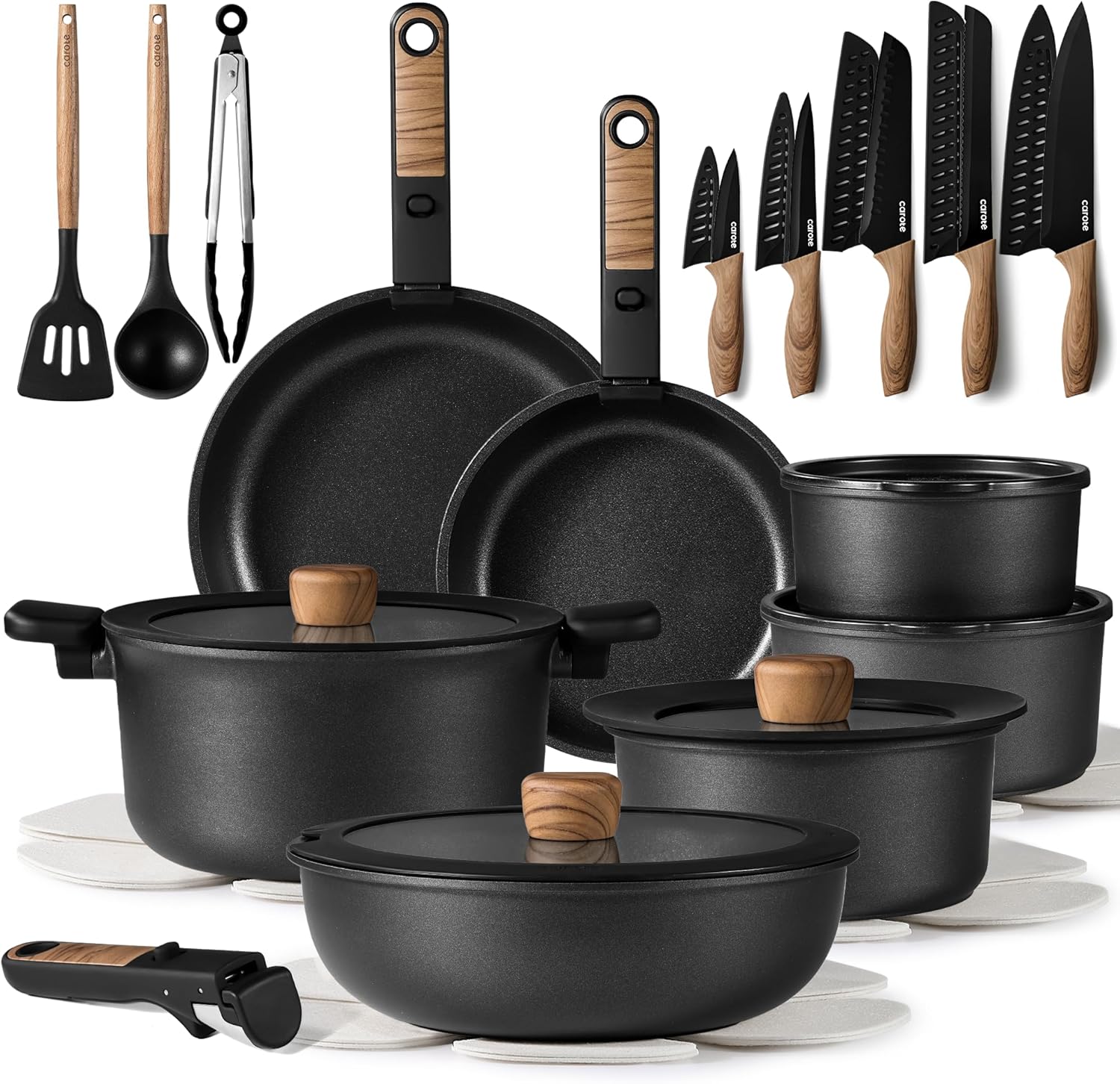 Dream Kitchen: 17pcs Pots and Pans Set, Nonstick Cookware Set Detachable Handle, Induction Kitchen Cookware Sets Non Stick with Removable Handle, RV Cookware Set, Oven Safe, Jet Black