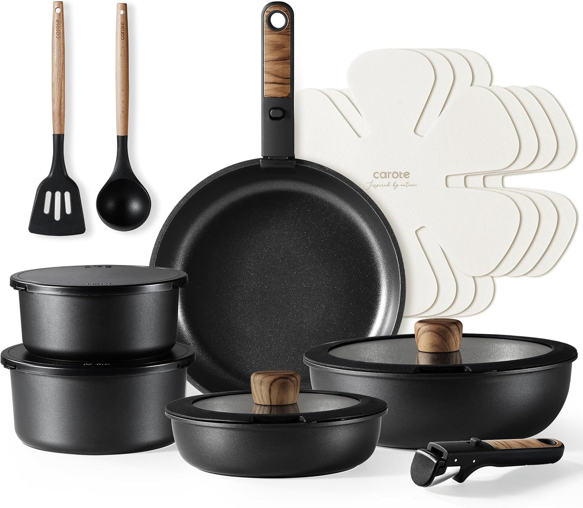 Dream Kitchen: 17pcs Pots and Pans Set, Nonstick Cookware Set Detachable Handle, Induction Kitchen Cookware Sets Non Stick with Removable Handle, RV Cookware Set, Oven Safe, Jet Black