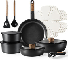 Dream Kitchen: 17pcs Pots and Pans Set, Nonstick Cookware Set Detachable Handle, Induction Kitchen Cookware Sets Non Stick with Removable Handle, RV Cookware Set, Oven Safe, Jet Black