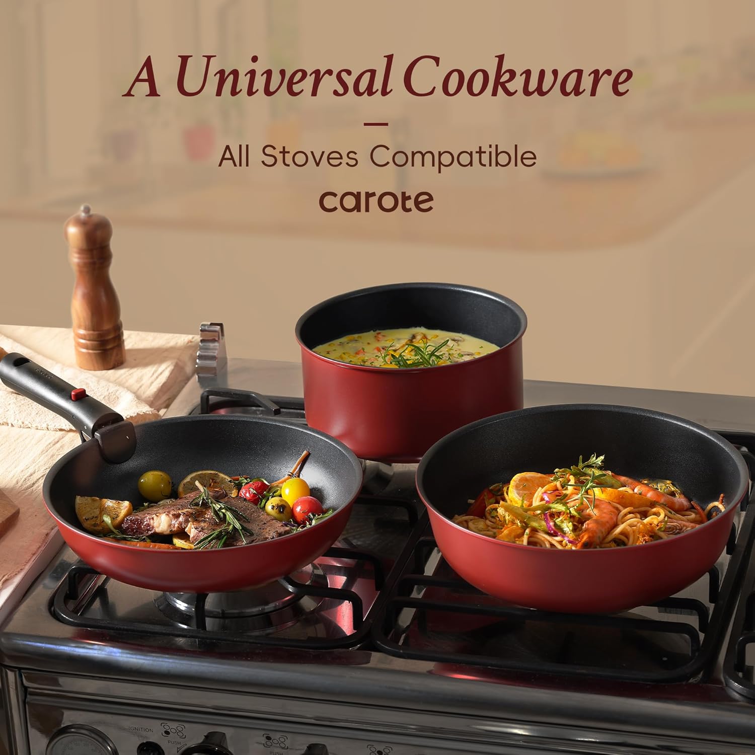 Dream Kitchen: Pots and Pans Set Non Stick, Cookware Set Detachable Handle, Nonstick Induction Kitchen Sets Non Stick with Removable Handle, RV Cook Ware, Oven Safe, Black