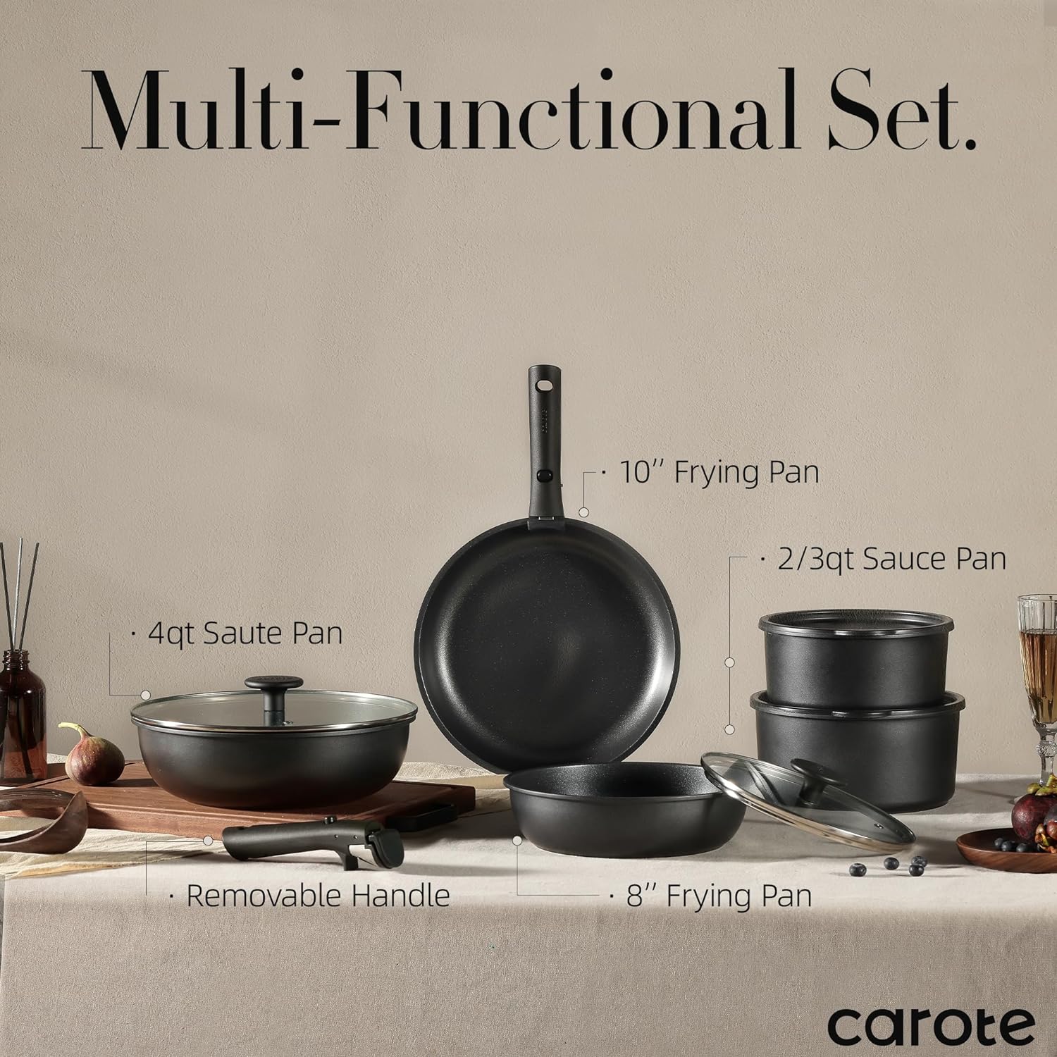 Dream Kitchen: Pots and Pans Set Non Stick, Cookware Set Detachable Handle, Nonstick Induction Kitchen Sets Non Stick with Removable Handle, RV Cook Ware, Oven Safe, Black