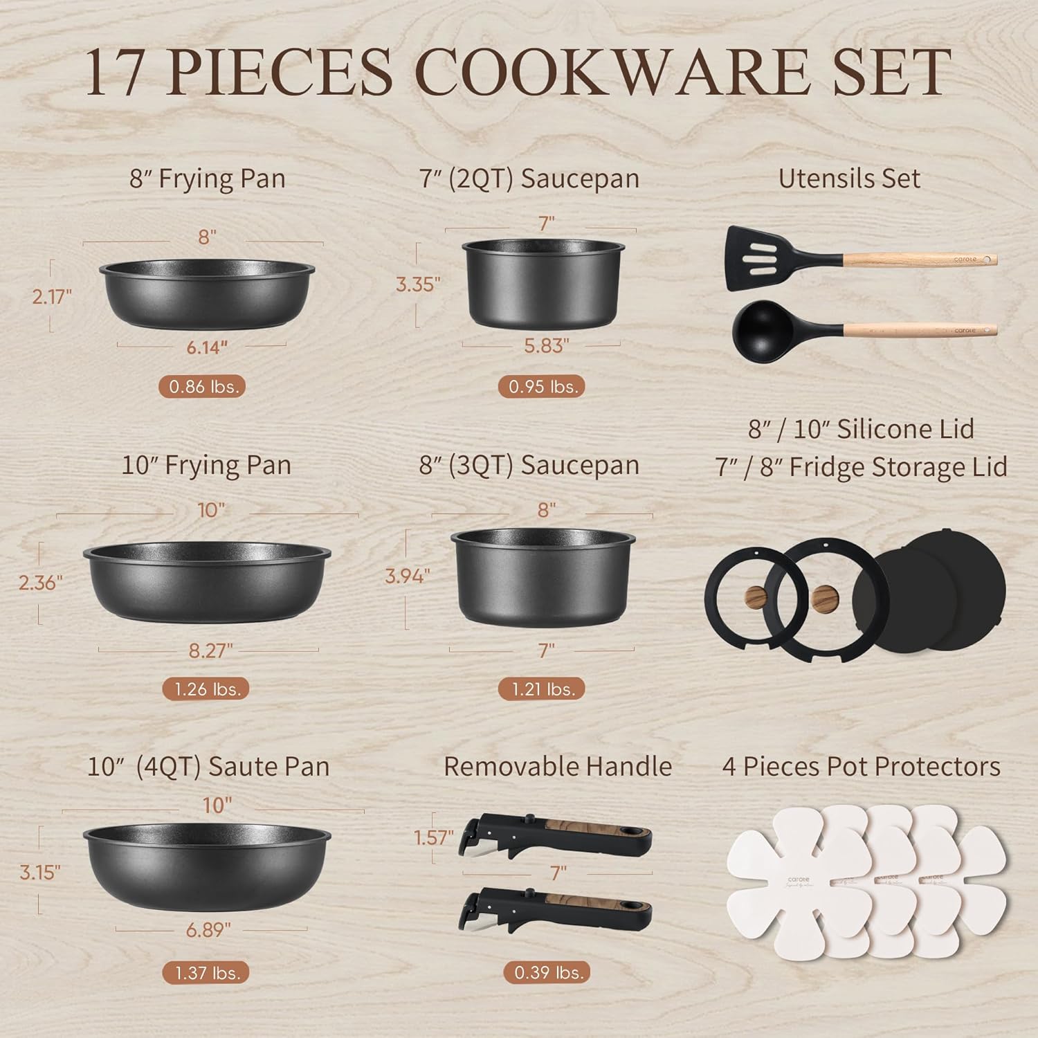 Dream Kitchen: 17pcs Pots and Pans Set, Nonstick Cookware Set Detachable Handle, Induction Kitchen Cookware Sets Non Stick with Removable Handle, RV Cookware Set, Oven Safe, Jet Black