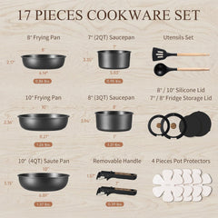 Dream Kitchen: 17pcs Pots and Pans Set, Nonstick Cookware Set Detachable Handle, Induction Kitchen Cookware Sets Non Stick with Removable Handle, RV Cookware Set, Oven Safe, Jet Black