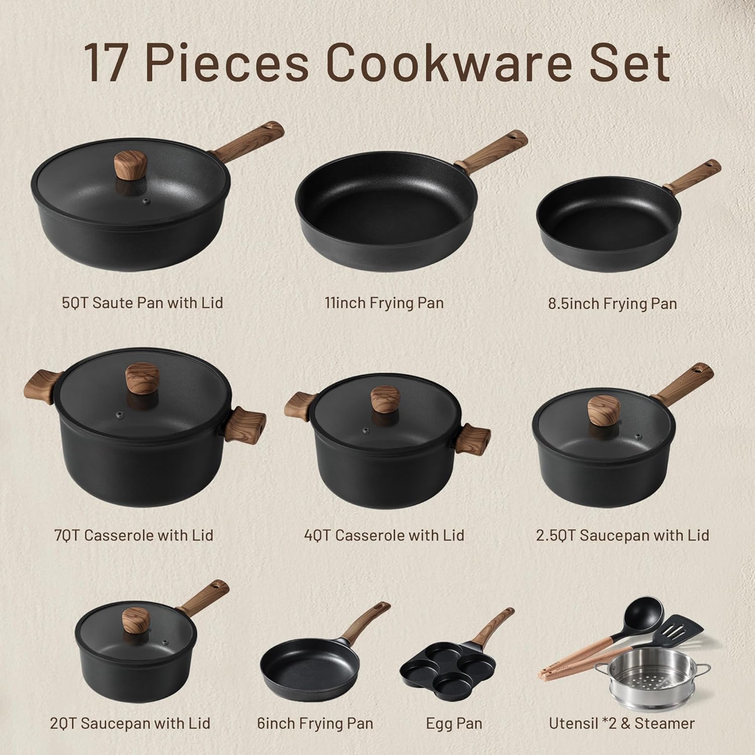 Dream Kitchen: Ceramic Cookware Set, Non Stick Pots and Pans Sets, 18pcs Pot and Pan Set Non Stick, Cooking Induction Cookware