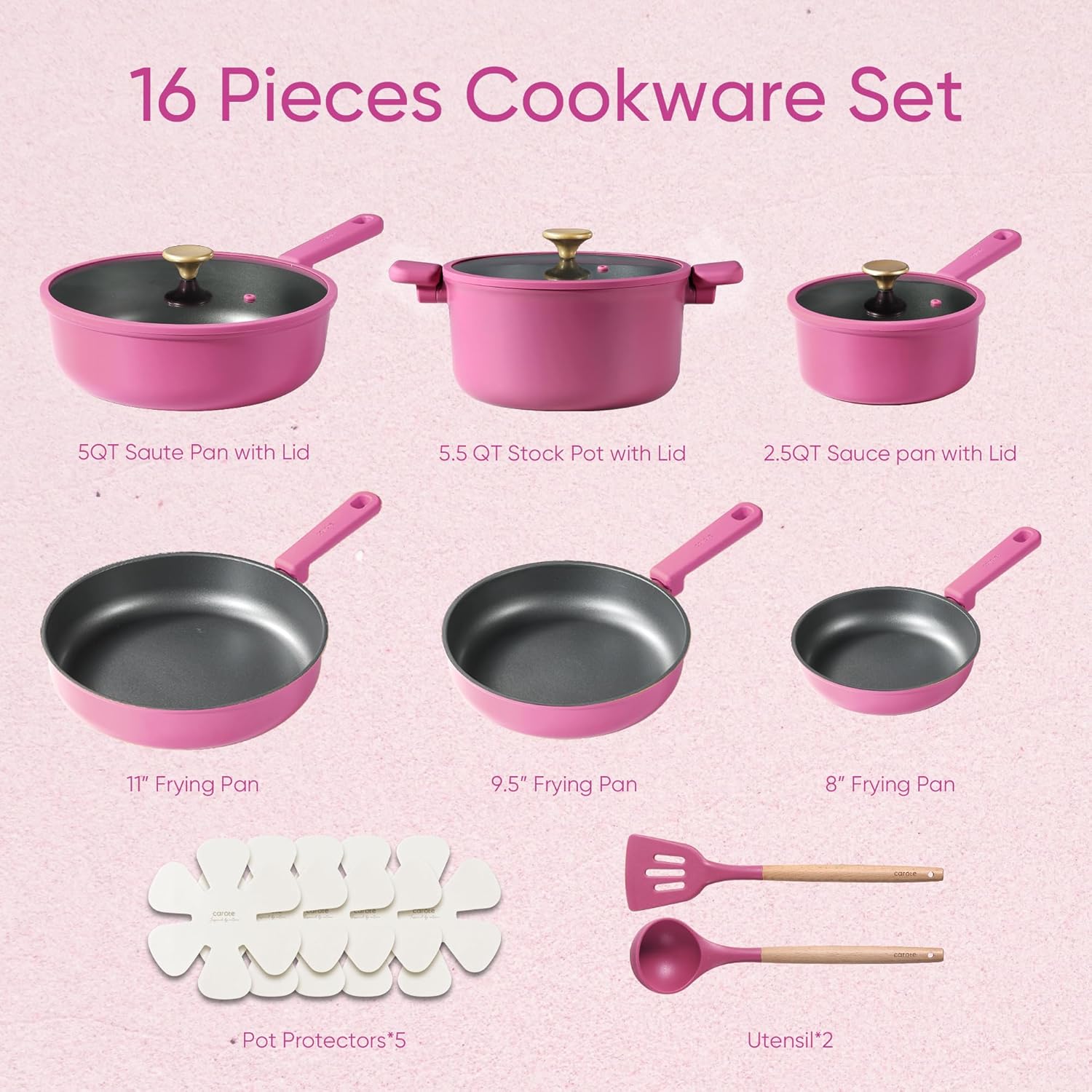 Dream Kitchen: Non Stick Pots and Pans Set, Cookware Sets Nonstick, Kitchen Cooking Set with Stay-Cool Handles,with Silicone Tools and Pot Protectors,16 Piece