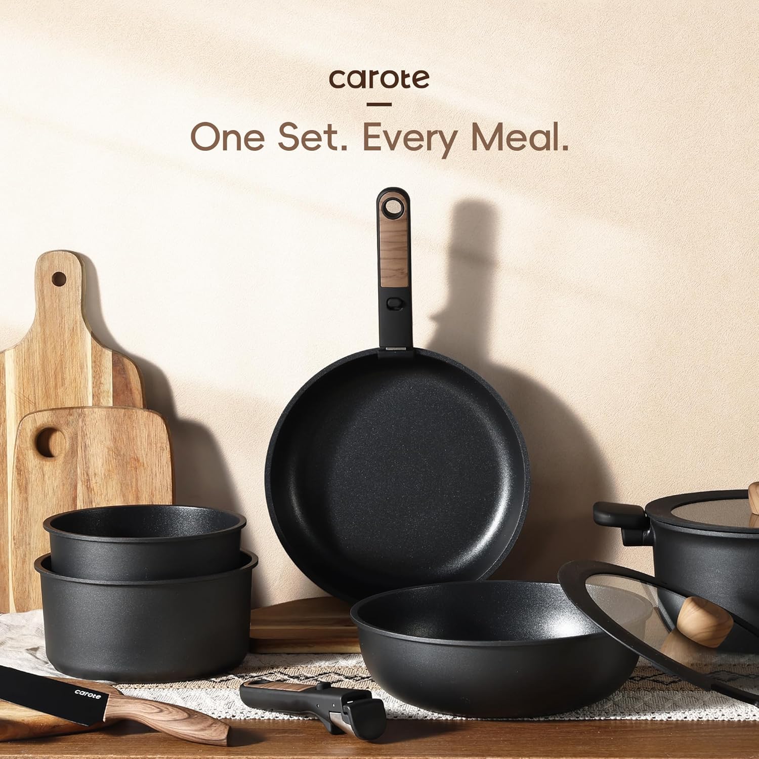Dream Kitchen: 17pcs Pots and Pans Set, Nonstick Cookware Set Detachable Handle, Induction Kitchen Cookware Sets Non Stick with Removable Handle, RV Cookware Set, Oven Safe, Jet Black