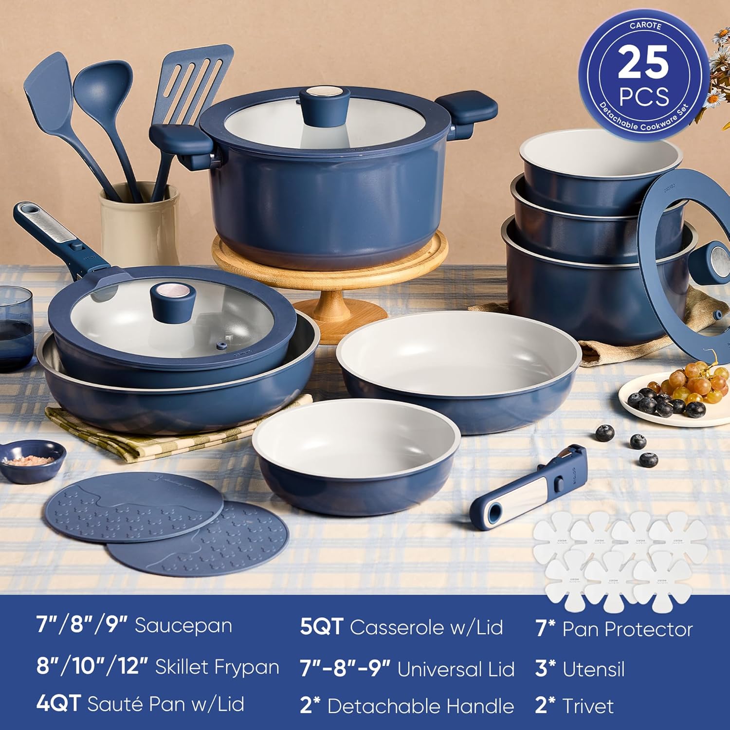 Dream Kitchen: 25pcs Ceramic Cookware Set, Pots and Pans Set Non Stick, Induction Kitchen Sets, Non Stick RV Cookware with Detachable Handle, Dishwasher/Oven Safe Cookware Set, Dark Gray