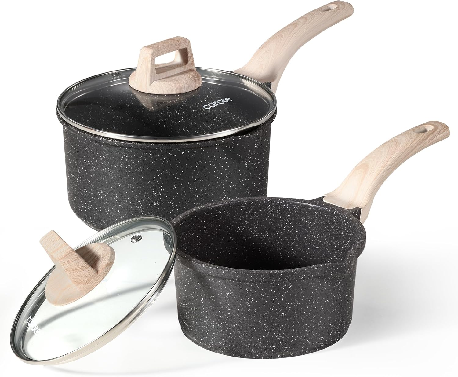 Dream Kitchen: Nonstick Sauce Pan with Lid 2.0Qt & 2.5Qt Sauce Pots with Steamer Basket/Utensil Sets, Titanium Induction Cooking Pot with Stay-Cool Handle, Black