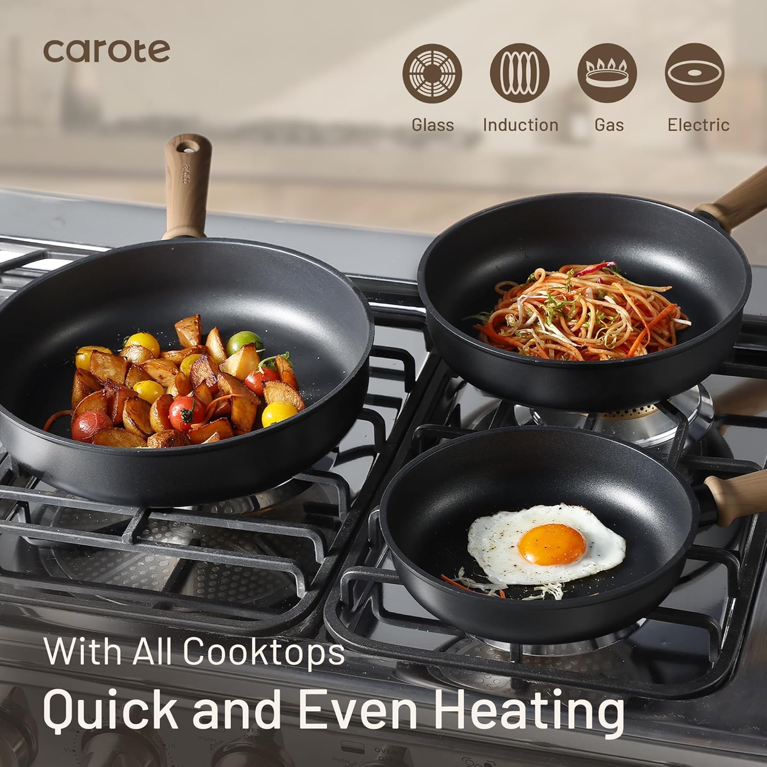 Dream Kitchen: Non Stick Frying Pans Sets 8+9.5+11 Inch Nonstick Skillet Titanium Induction Pan with Glass Lid Nonstick Skillet Compatible with All Stovetops