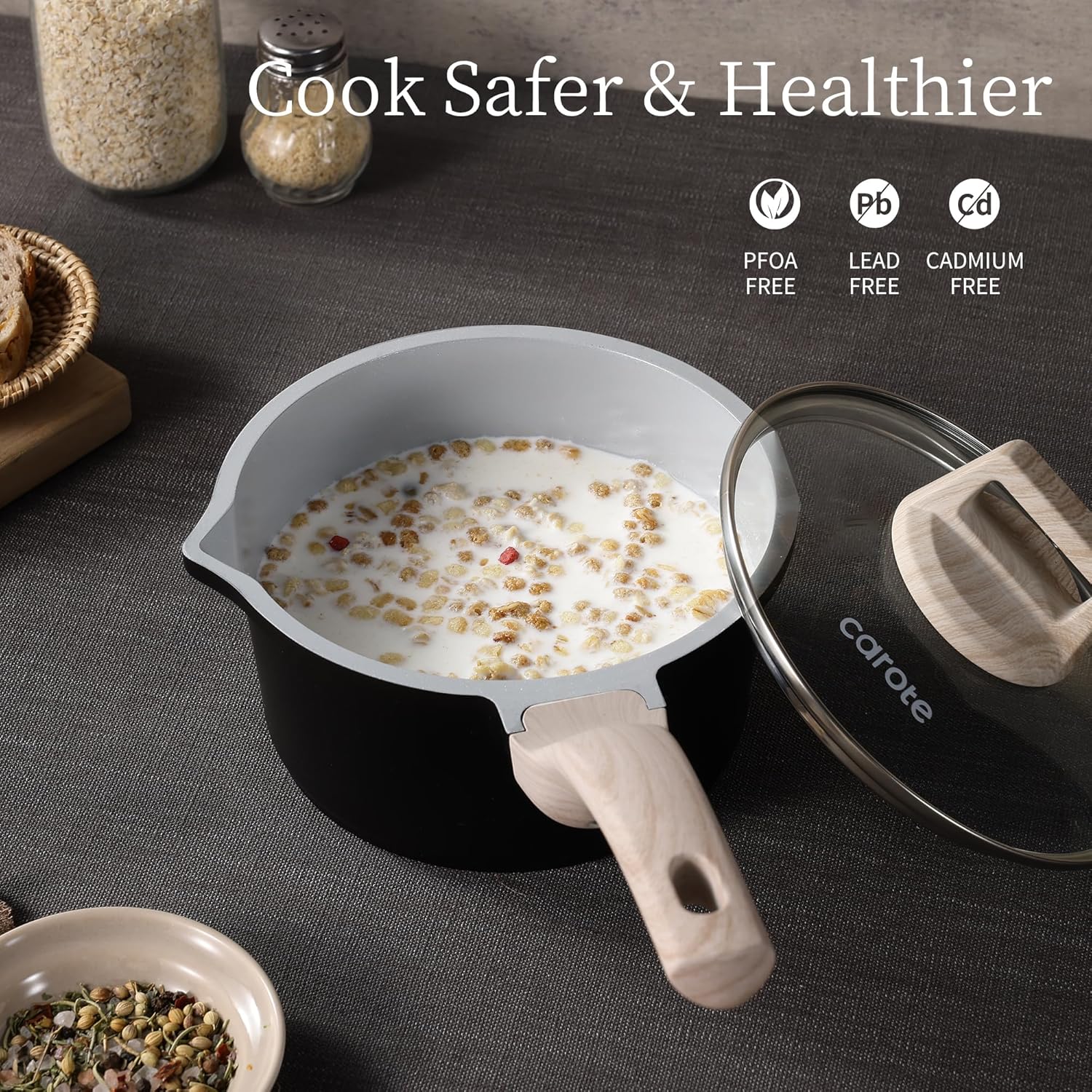 Dream Kitchen: Nonstick Sauce Pan with Lid 2.0Qt & 2.5Qt Sauce Pots with Steamer Basket/Utensil Sets, Titanium Induction Cooking Pot with Stay-Cool Handle, Black